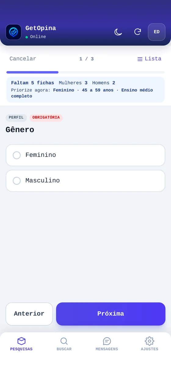 Tela real do aplicativo GetOpina com pergunta de perfil do entrevistado