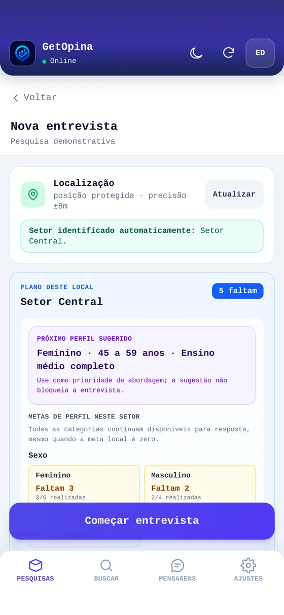 Tela real do GetOpina com metas e cotas da pesquisa