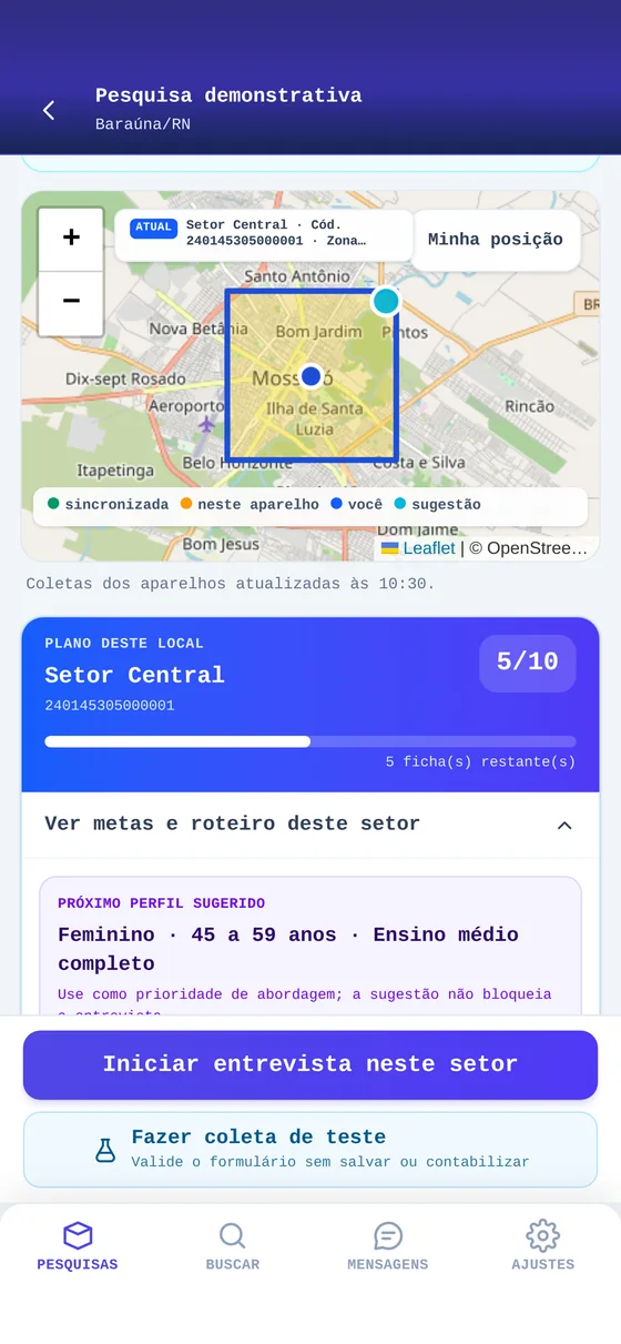 Tela real do GetOpina com o setor censitário da coleta